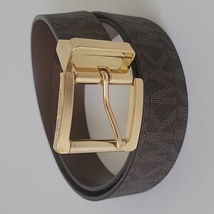 Michael Kors Brown Twist Reversible Signature MK Logo Print Polished Buckle Belt